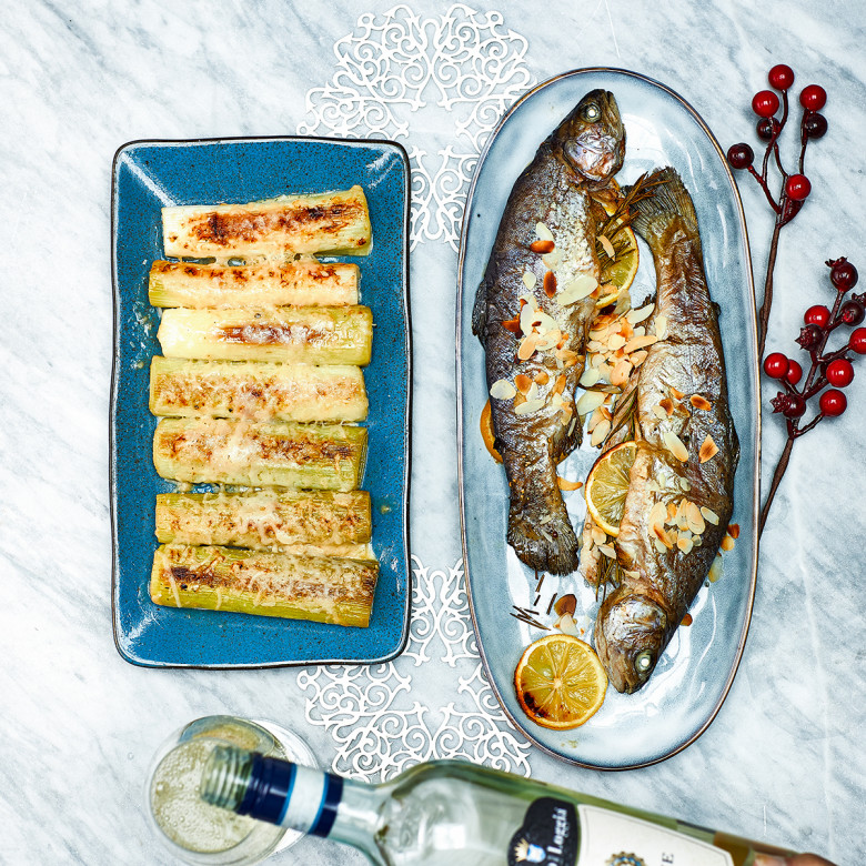 Geroosterde forel met amandelen en preigratin