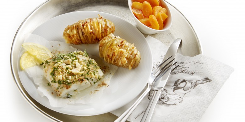 Kabeljauw met amandeltopping en parmezaanaardappels