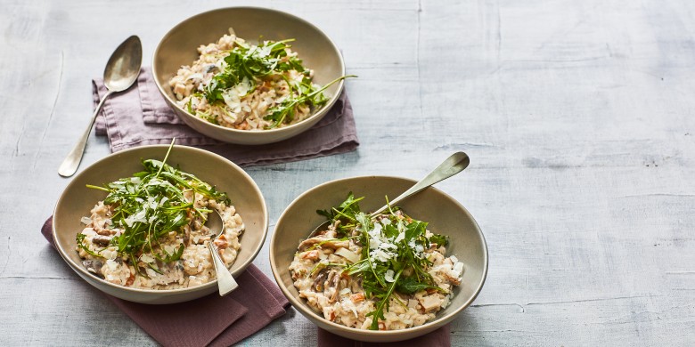 Risotto met gerookte kip en paddenstoelen
