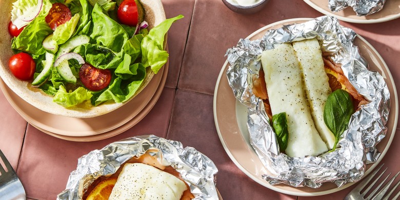 Kabeljauwpakketje met sinaasappel en gerookte zalm