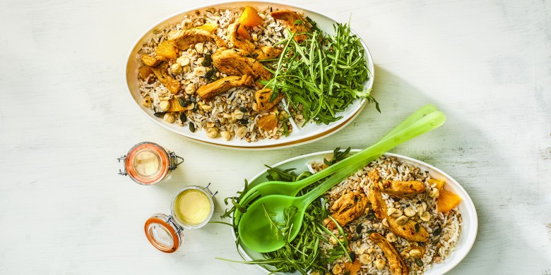 Meergranenrijstsalade met kip en sinaasappel