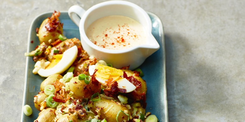 Krieltjessalade met bacon en mosterddressing