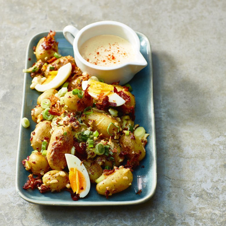 Krieltjessalade met bacon en mosterddressing