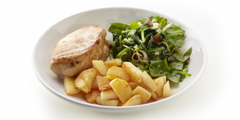 Kipfilet met spinazie, rozijnen en gebakken aardappelpartjes