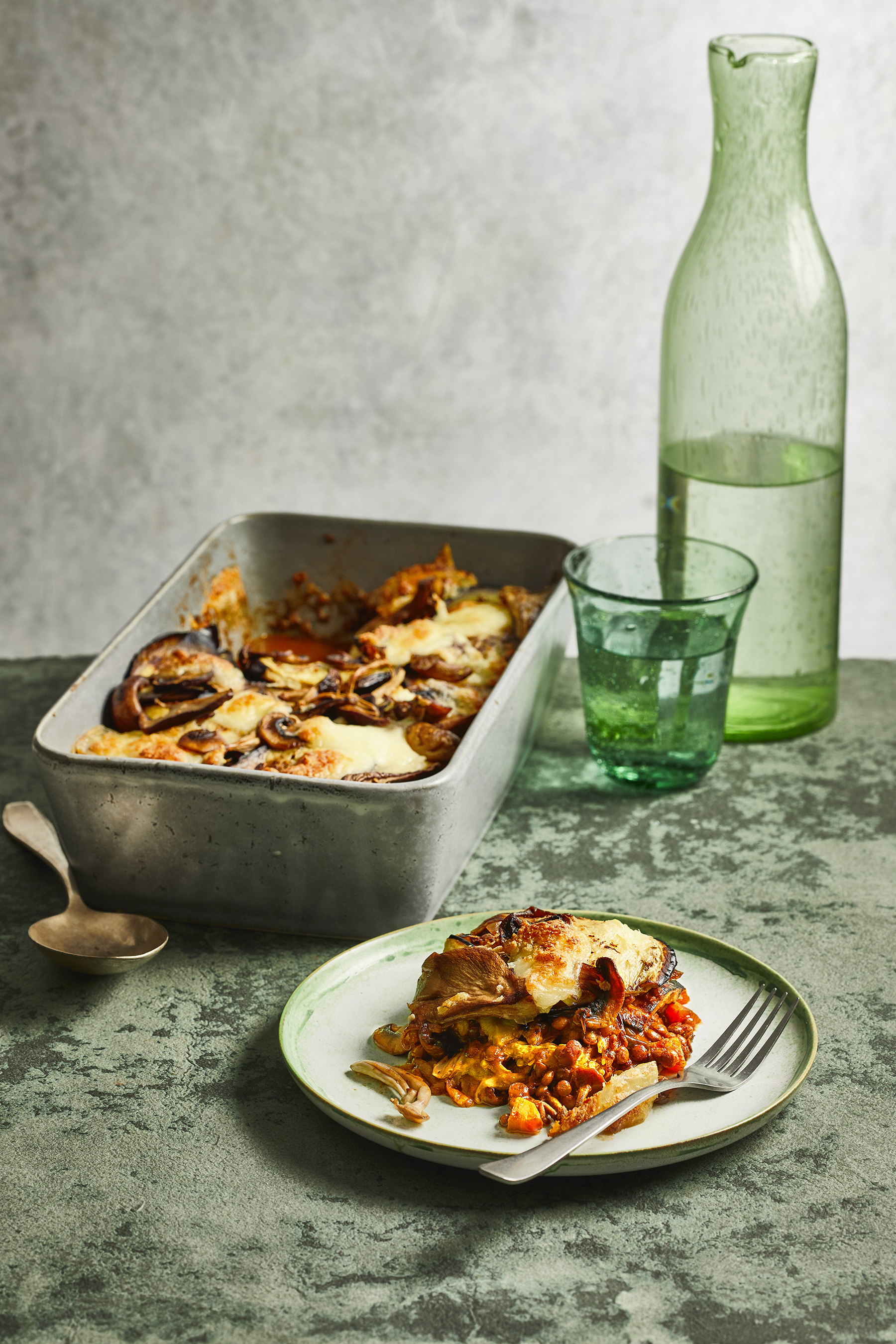 Paddenstoelenlasagne met linzenragout en aubergine