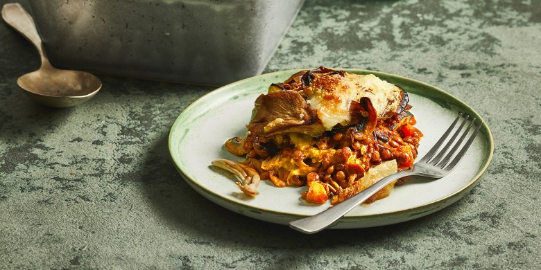Paddenstoelenlasagne met linzenragout en aubergine 