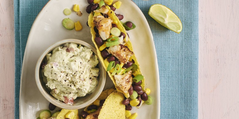 Taco’s met kabeljauw, bonensalsa en guacamole