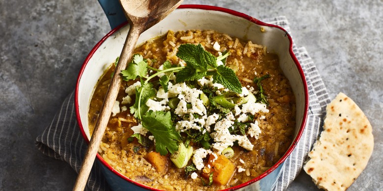 Linzensoep met pompoen en feta