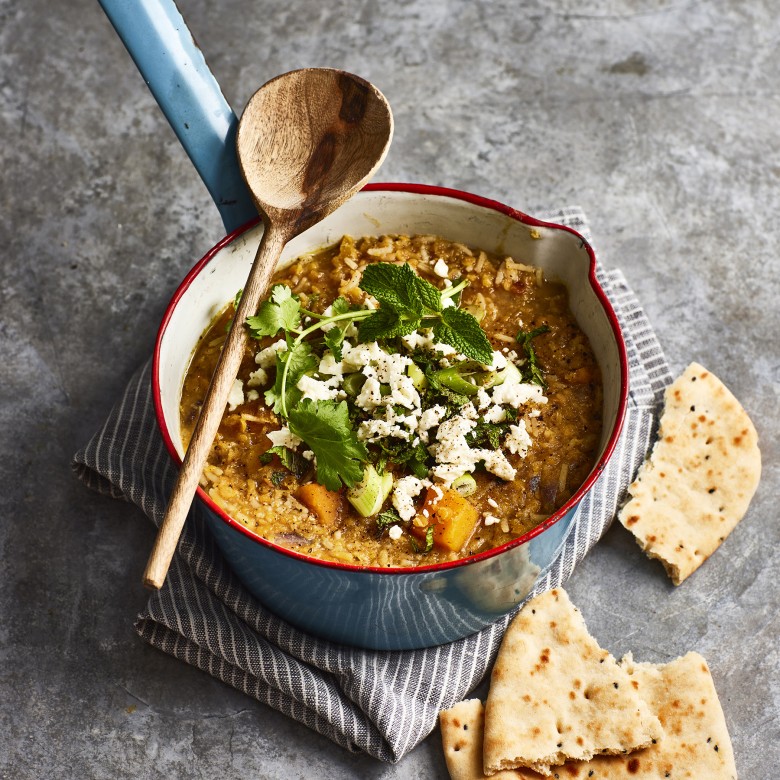 Linzensoep met pompoen en feta