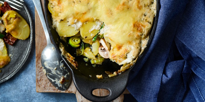 Aardappelgratin met prei en kastanjechampignons