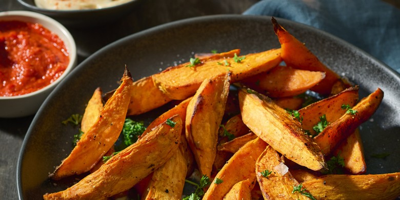 Zoete-aardappelpartjes met smoky aioli en paprikasaus