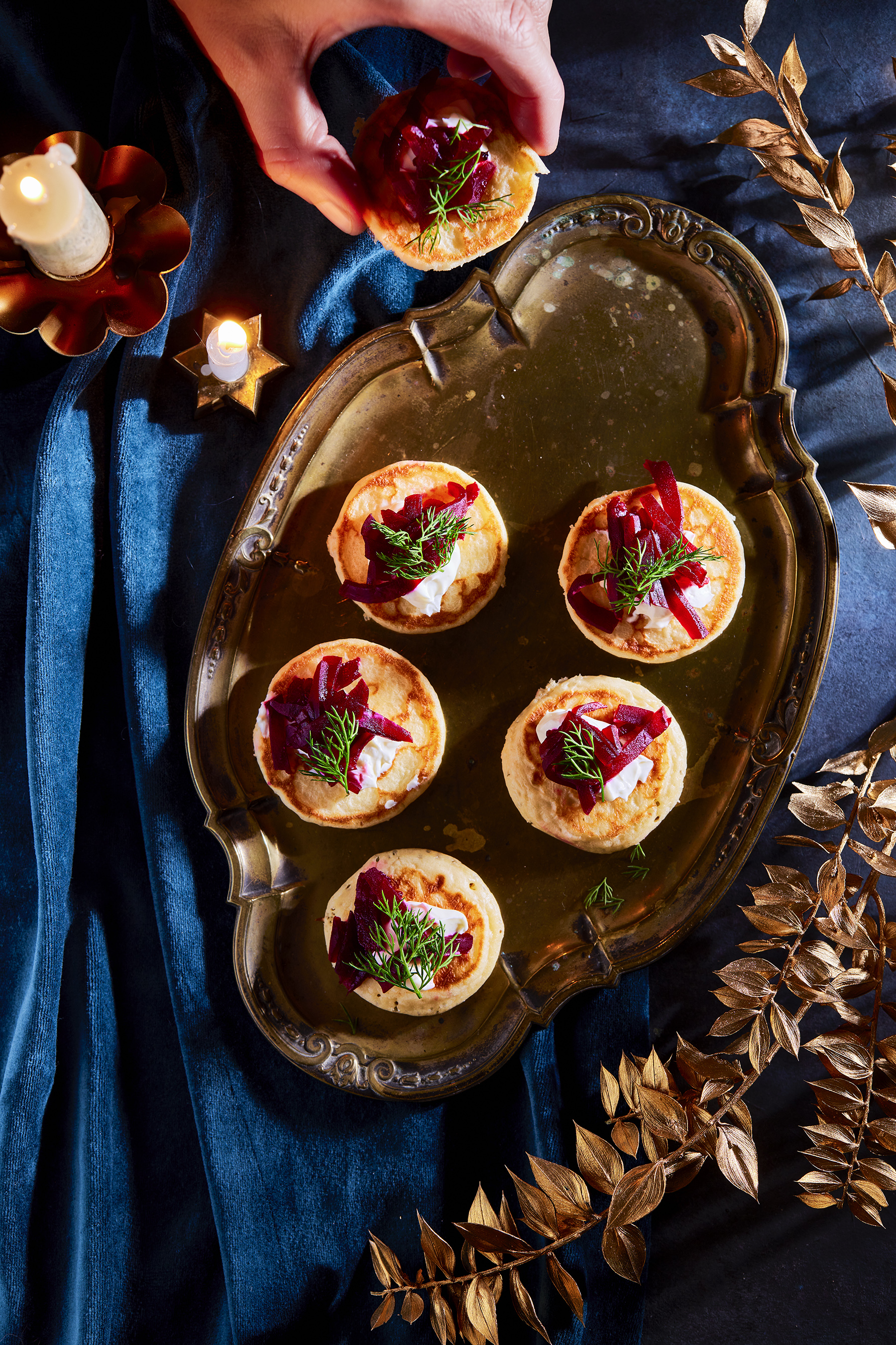 Blini met balsamicobietjes en geitenkaascrème