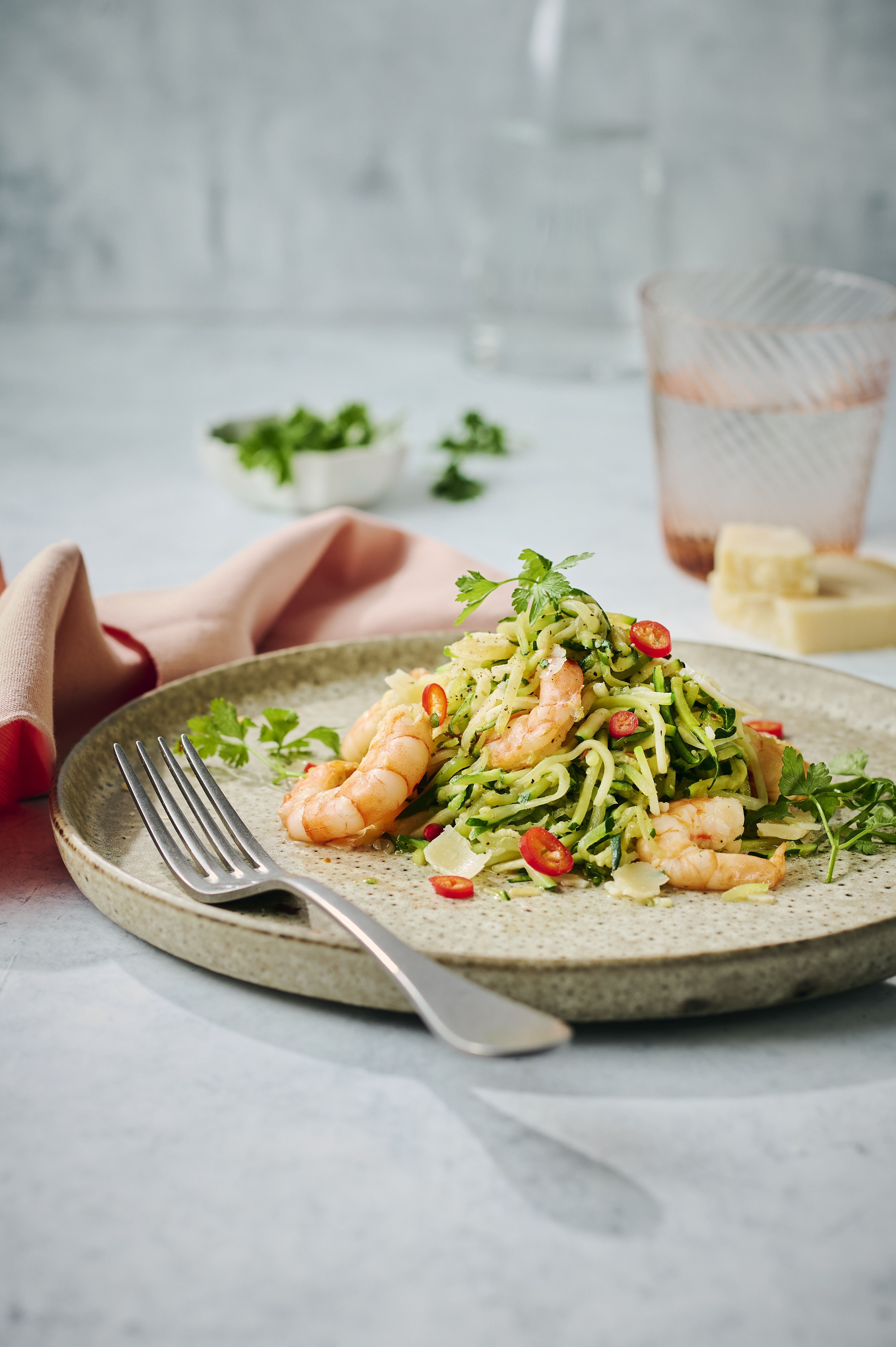 Courgette­spaghetti met garnalen