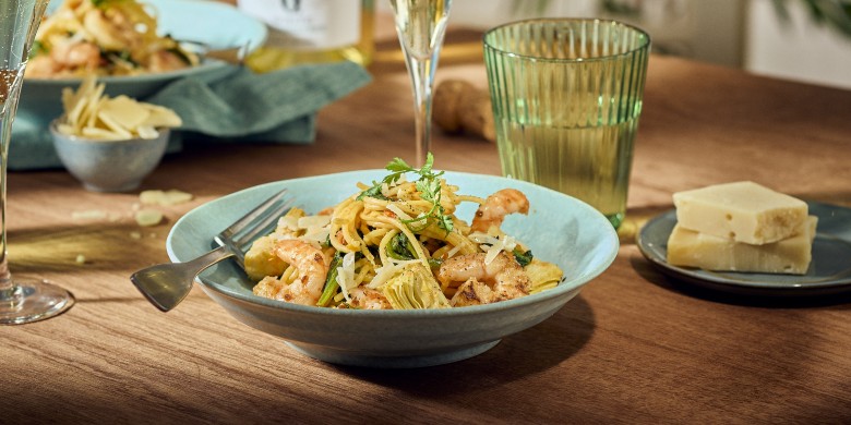 Spaghetti met garnalen en artisjok    