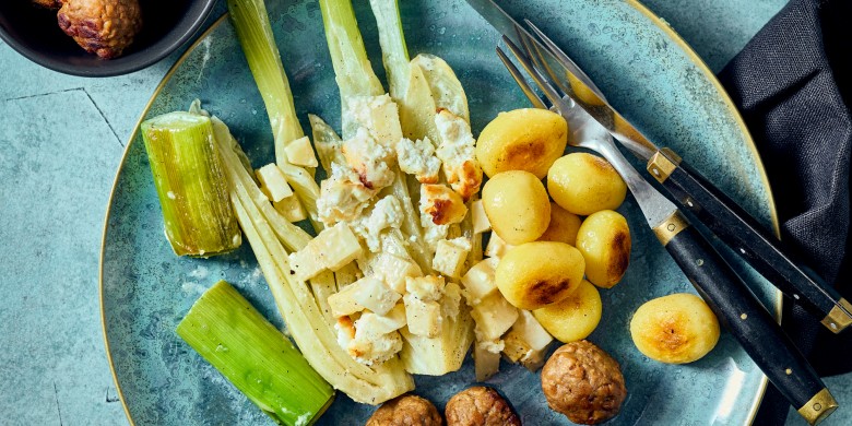 Venkel-preigratin met knolselderij en geitenkaas