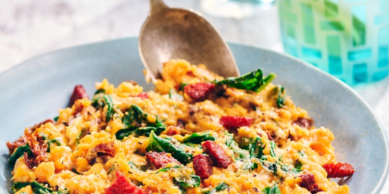 Zoete-aardappelstamppot met spinazie en chorizo 