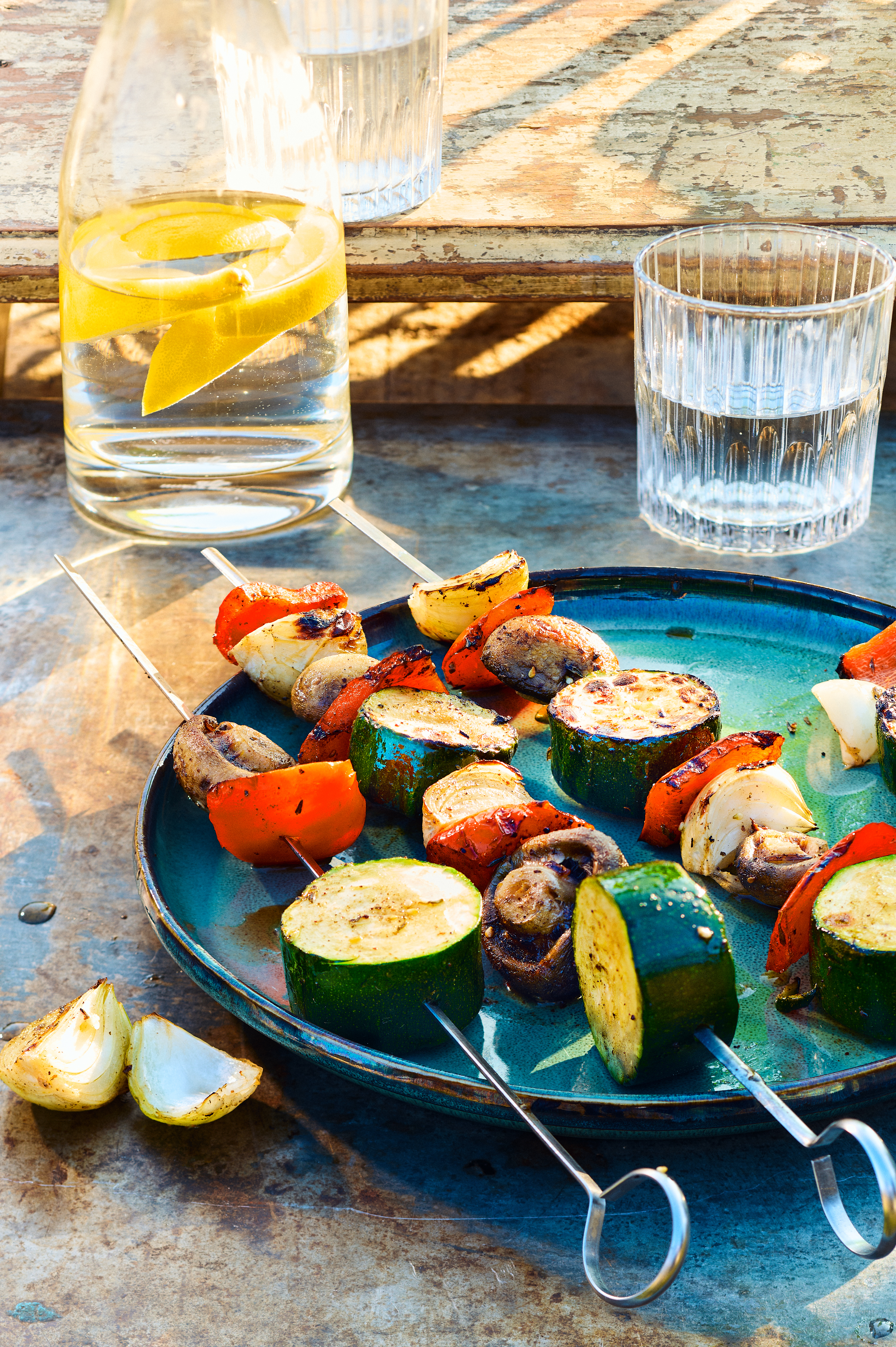 Groentespies met paprika, ui, courgette en champignon