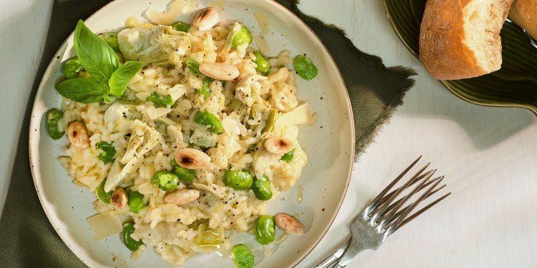 Risotto met artisjokharten en tuinbonen