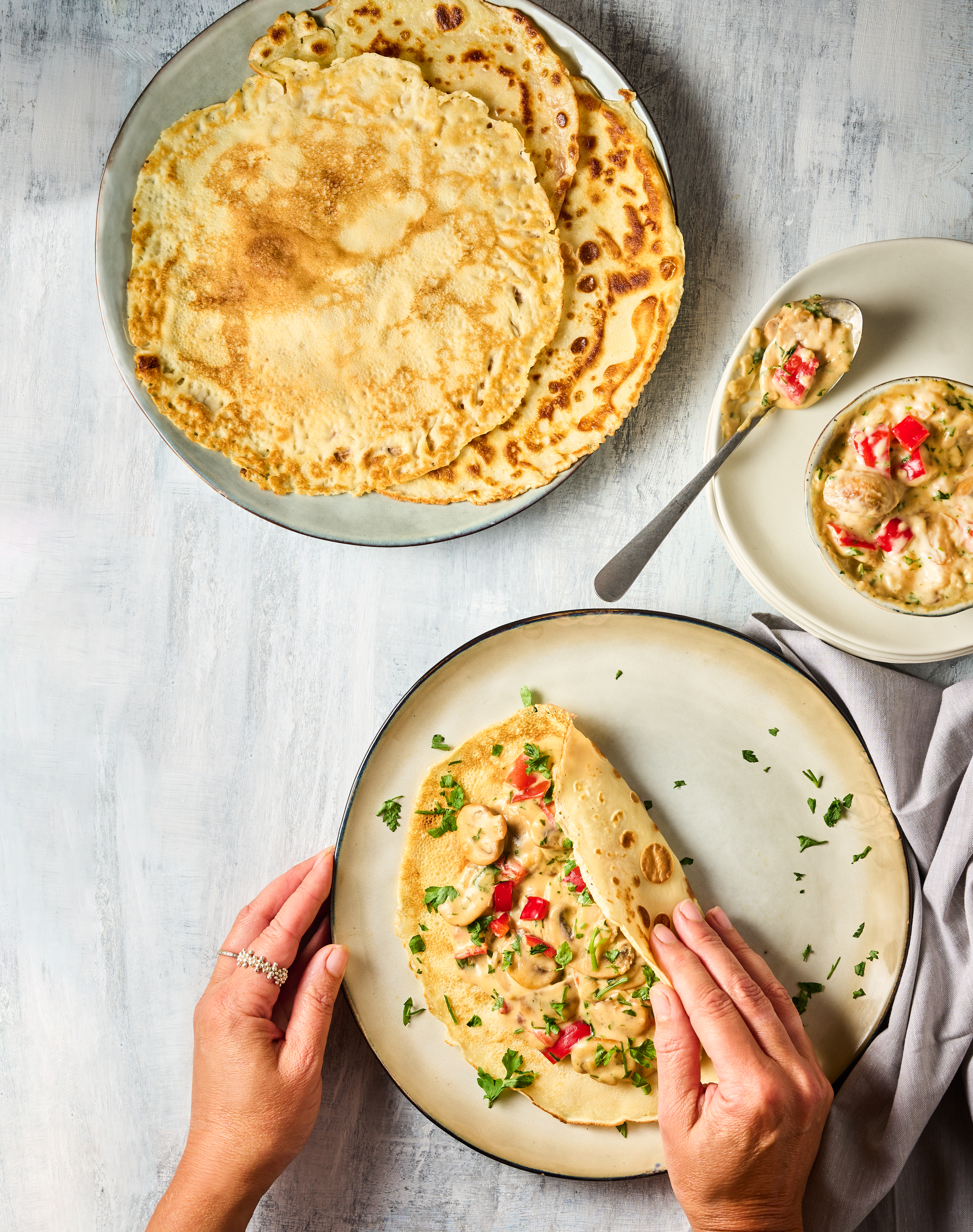 Gevulde pannenkoeken met zelfgemaakte paddenstoelenragout