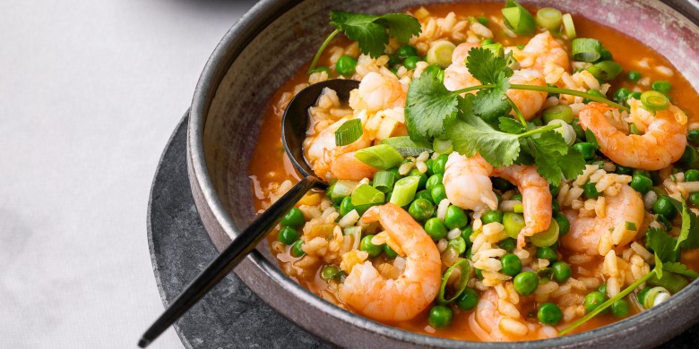 Risotto met rode curry en garnalen