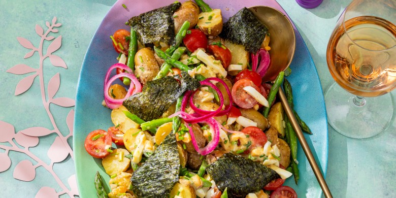 Salade van krieltjes, groene asperges en krokante nori