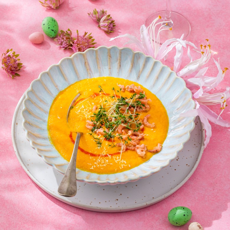 Spicy wortelsoep met Hollandse garnalen