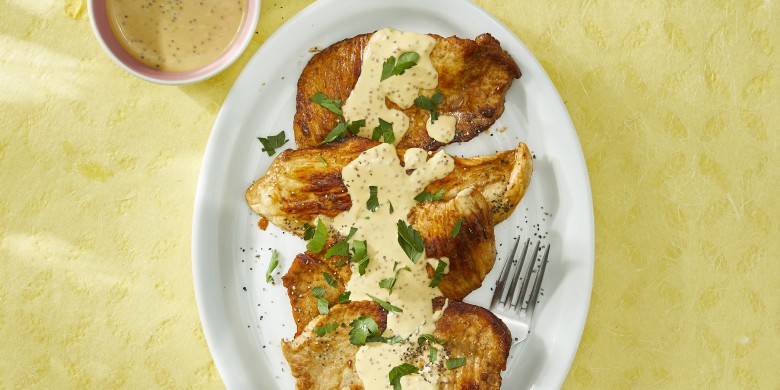 Schnitzeltjes in honing-mosterdsaus