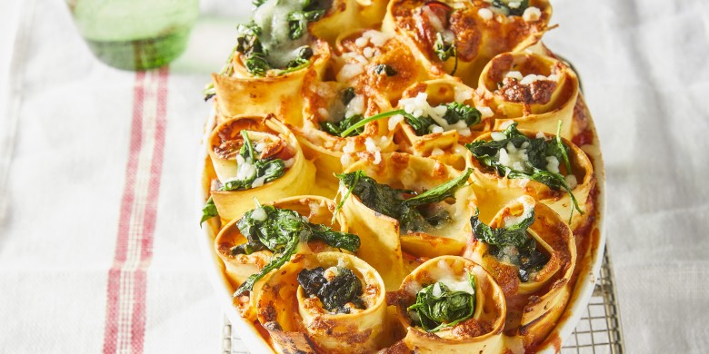 Lasagnerolletjes met ham en spinazie
