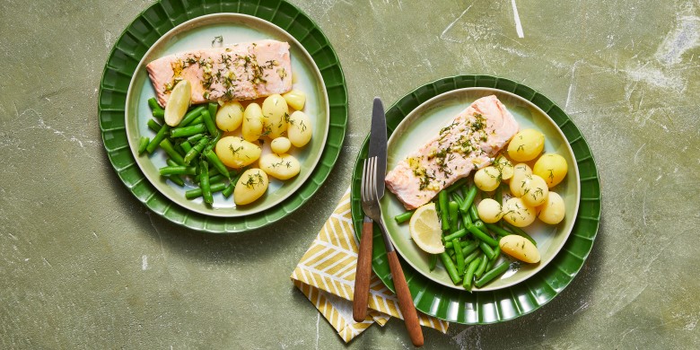 Zalm met sperziebonen en krieltjes uit de stoomoven