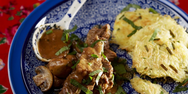 Boeuf Stroganoff met aardappelkoekjes