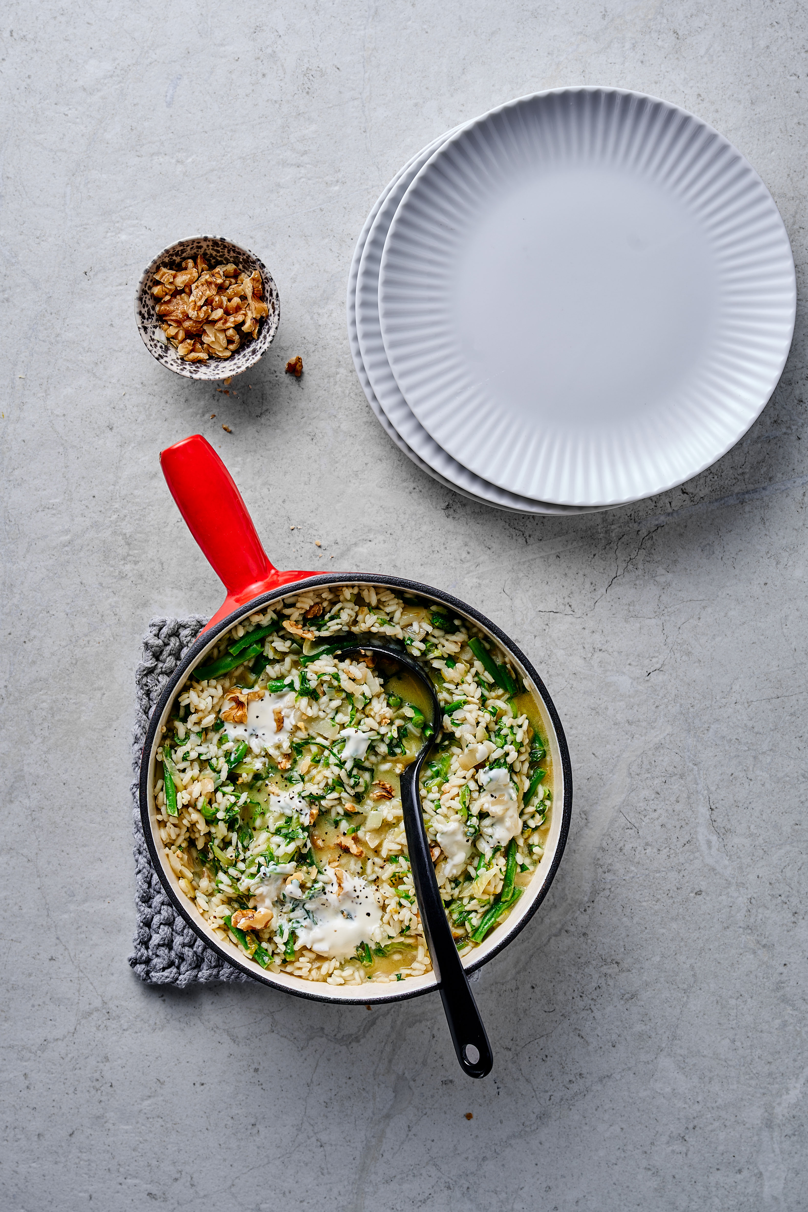 Andijvierisotto met sperziebonen en walnoten