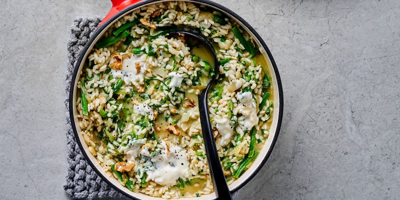 Andijvierisotto met sperziebonen en walnoten