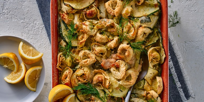 Pasta-ovenschotel met zalm en prei