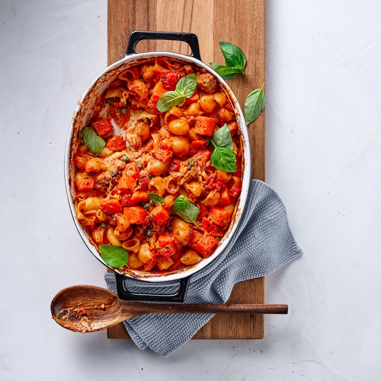 Pasta-pompoenschotel met tonijn en kappertjes