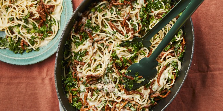 Pasta carbonara met boerenkool