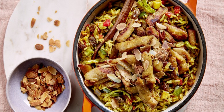 Mediterrane rijstpilav met vegetarische kip