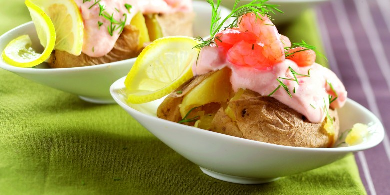Aardappel gevuld met garnalen