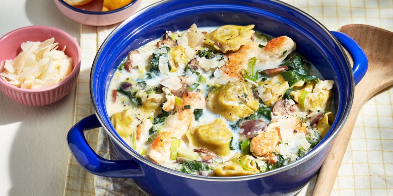 Romige tortellini met spinazie en kip