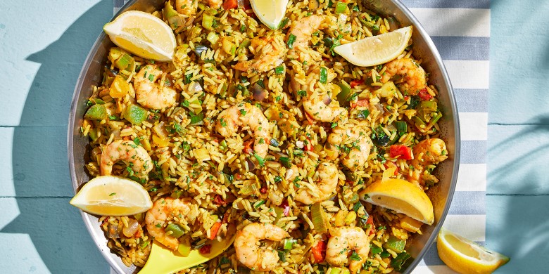 Campingpaella met garnalen en groenten