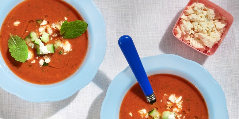 Gazpacho met watermeloen, feta en munt