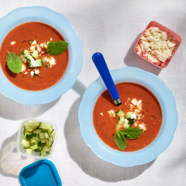 Gazpacho met watermeloen, feta en munt