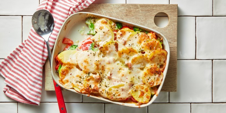 Ovenschotel carbonara met broccoli en krieltjes
