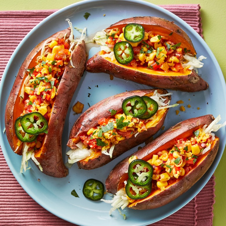 Loaded zoete aardappel uit de airfryer