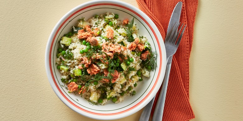 Groene bloemkoolrisotto met zalm, courgette en witte wijn