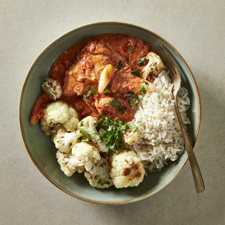 Bloemkoolcurry met kip en rijst