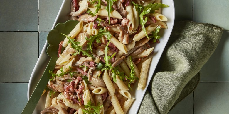 Oesterzwammen pasta met ui en spekjes
