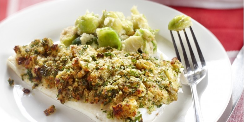 Spruitjesstamppot met krokante vis uit de oven