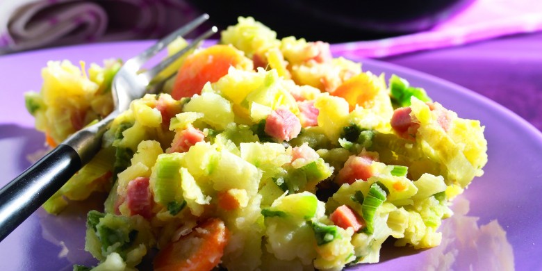 Stamppot prei, wortel en ham