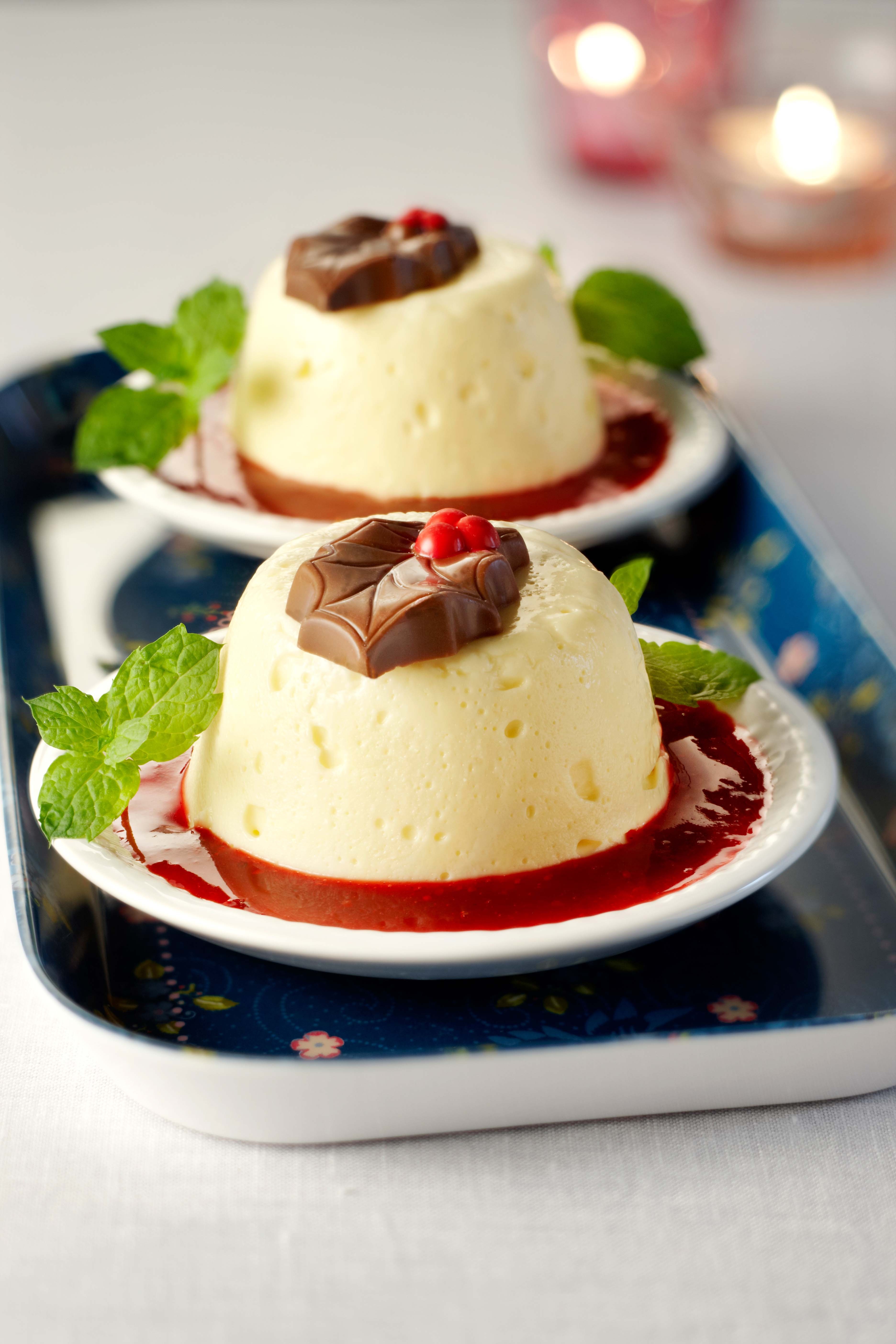 Wittechocoladebavarois met cranberrysaus