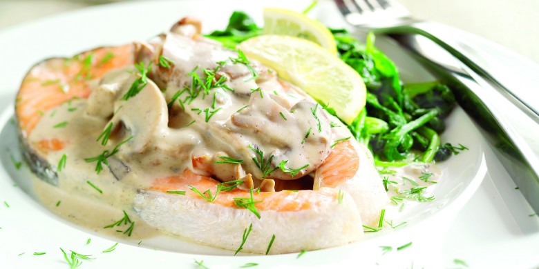 Zalm met paddenstoelen-roomsaus